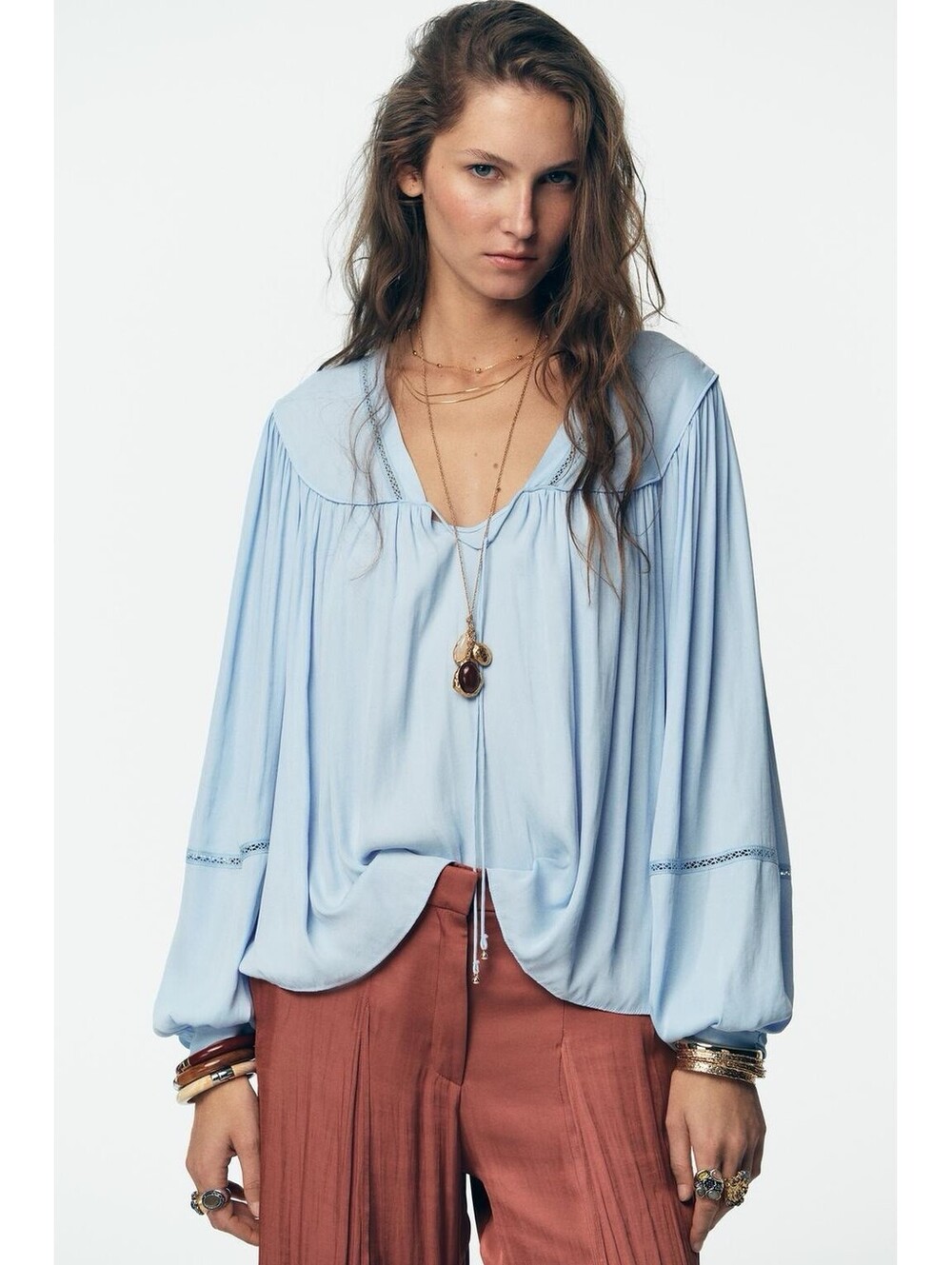ZARA NWT WOMENS LADDER STITCH FLOWING BLOUSE IN LIGHT BLUE-SMALL